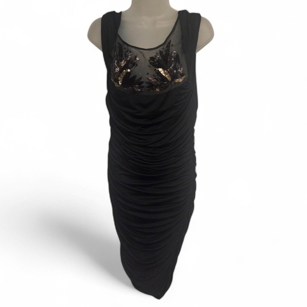 Vintsge 80s Arden B Black Ruched‎ Sequin Beaded Mesh Bodycon Midi Dress Womens L